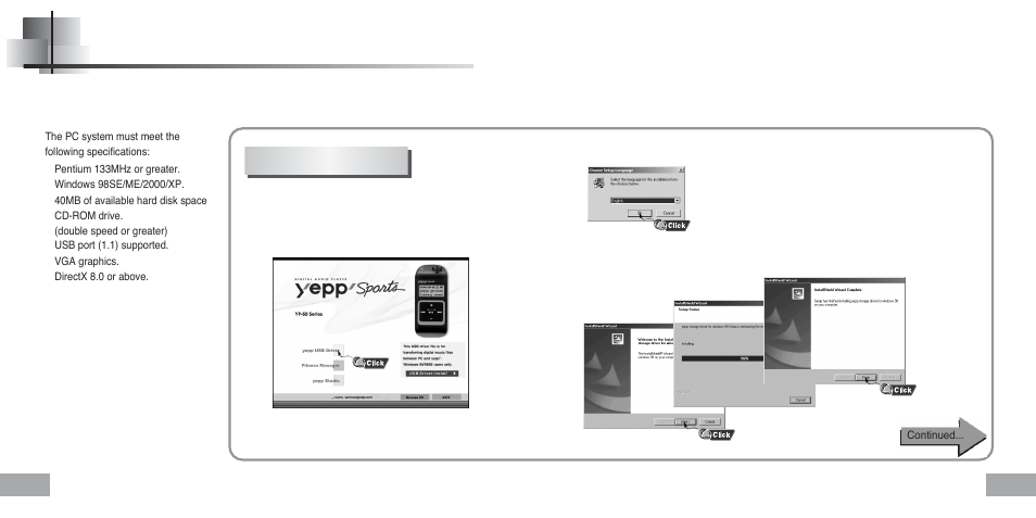 Connecting the yepp to a pc, System requirements, Installing software | Samsung YEPP Sports YP-60H User Manual | Page 8 / 34