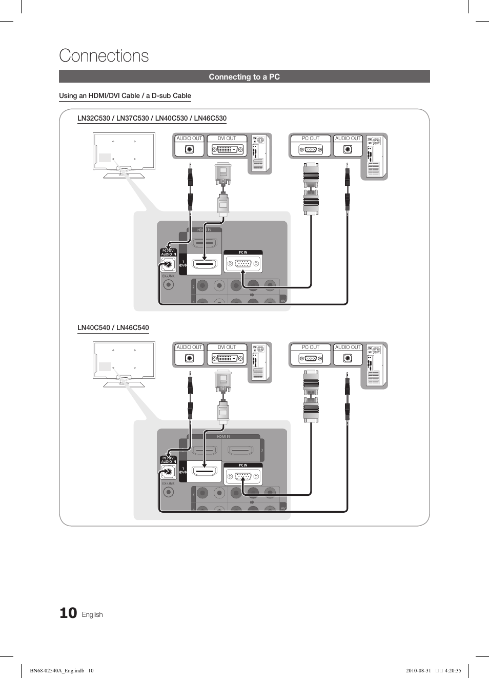 Connections, Connecting to a pc, English | Using an hdmi/dvi cable / a d-sub cable | Samsung 540 User Manual | Page 10 / 41