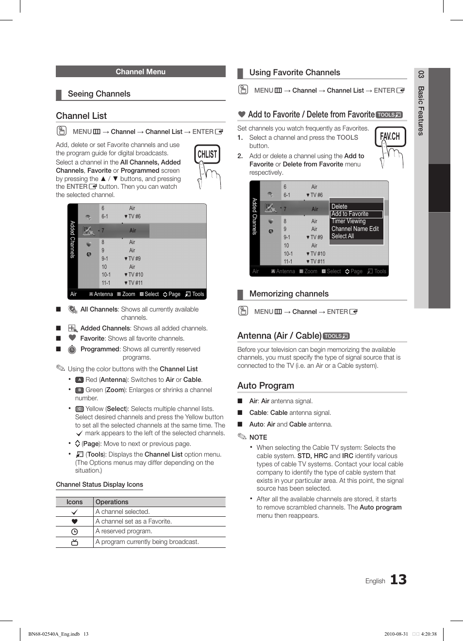Tools, Channel list, Add to favorite / delete from favorite | Antenna (air / cable), Auto program | Samsung 540 User Manual | Page 13 / 41