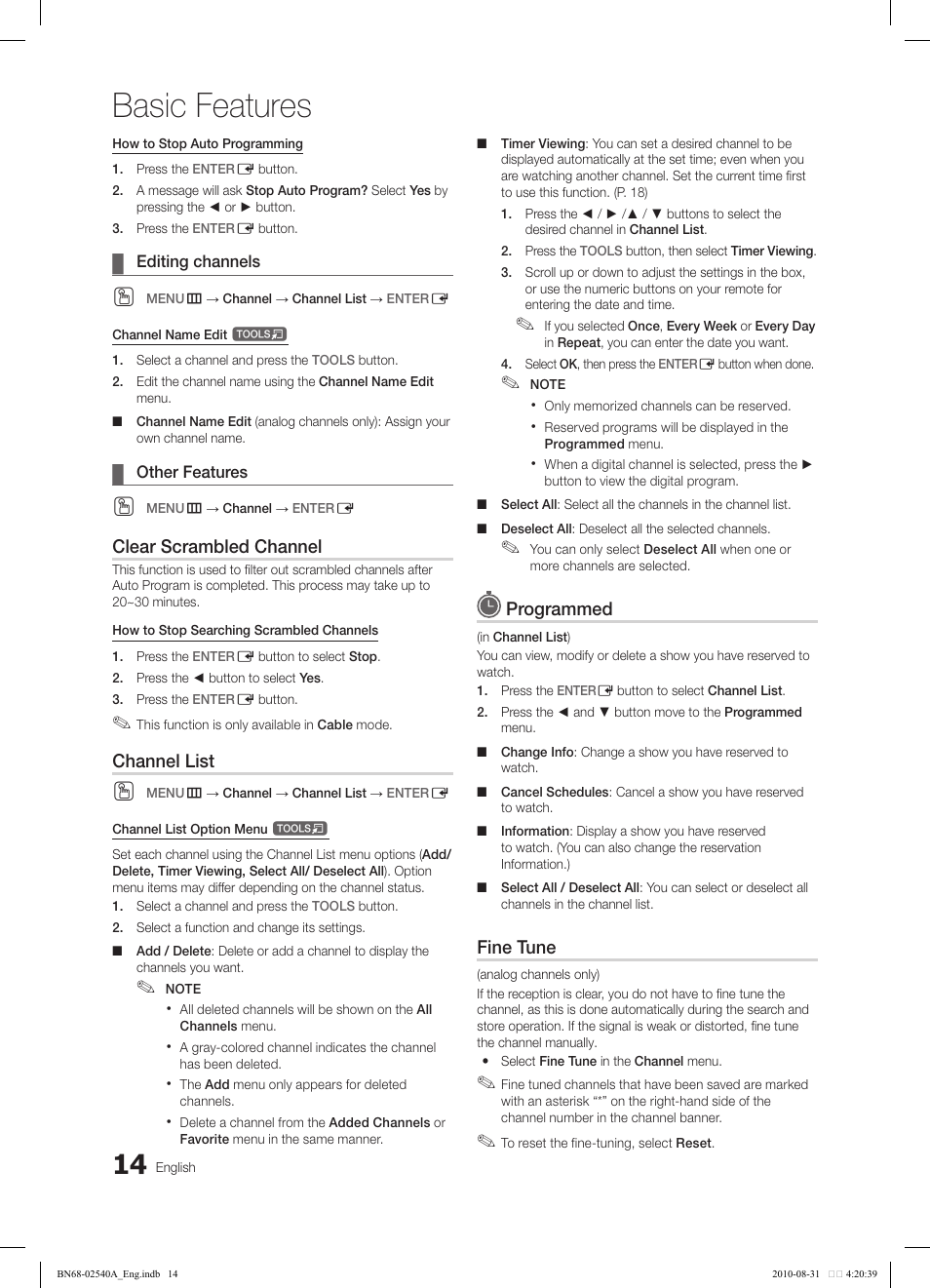 Basic features, Clear scrambled channel, Channel list | Programmed, Fine tune | Samsung 540 User Manual | Page 14 / 41