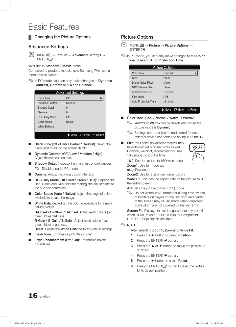 Basic features, Tools, Advanced settings | Picture options | Samsung 540 User Manual | Page 16 / 41