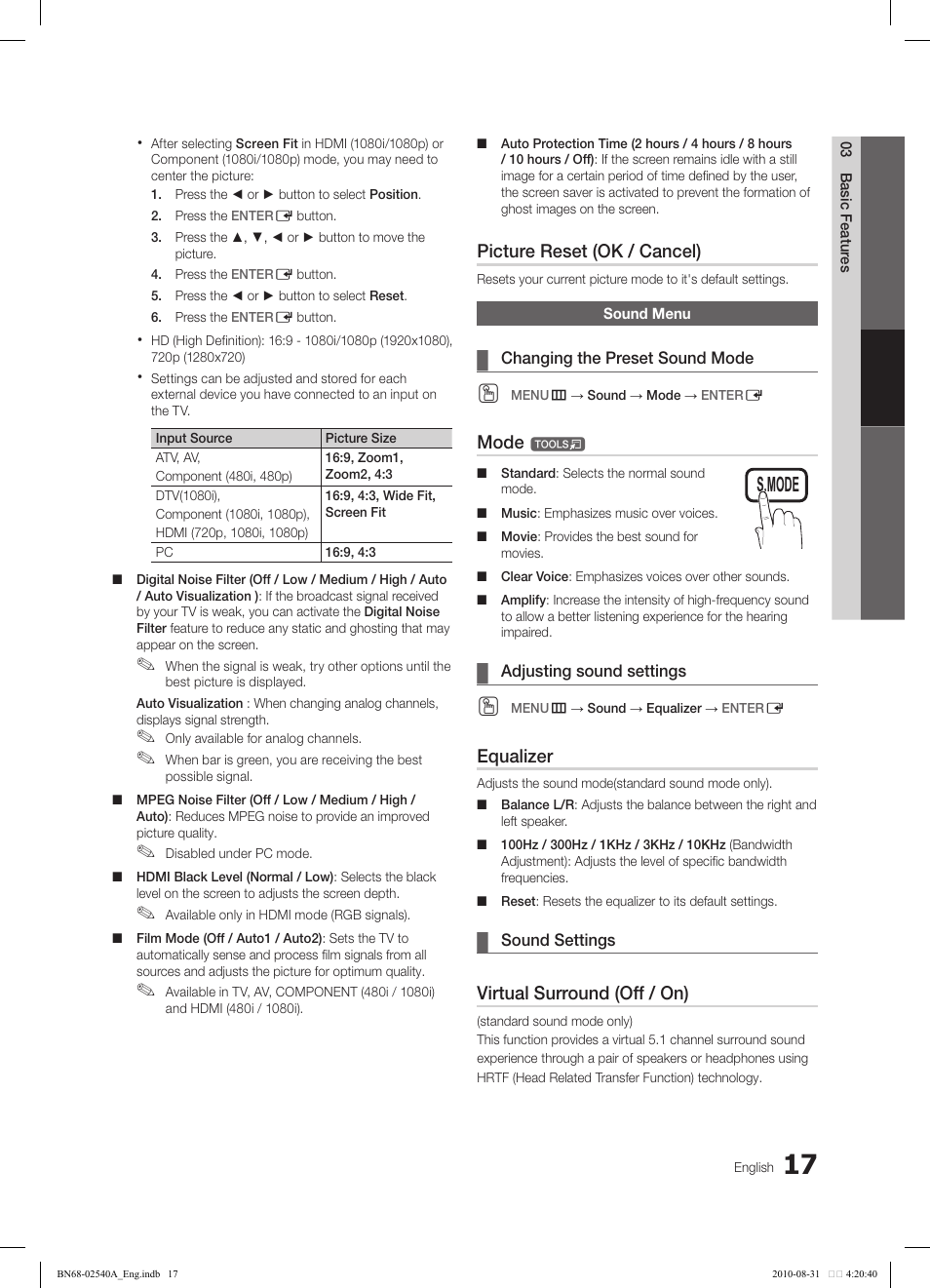 Tools, Picture reset (ok / cancel), Mode | Equalizer, Virtual surround (off / on) | Samsung 540 User Manual | Page 17 / 41