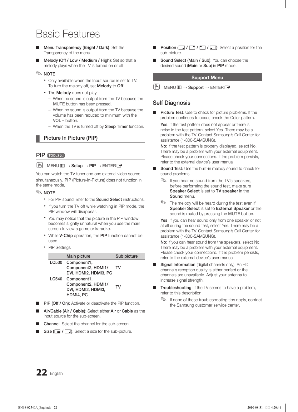 Basic features, Self diagnosis | Samsung 540 User Manual | Page 22 / 41