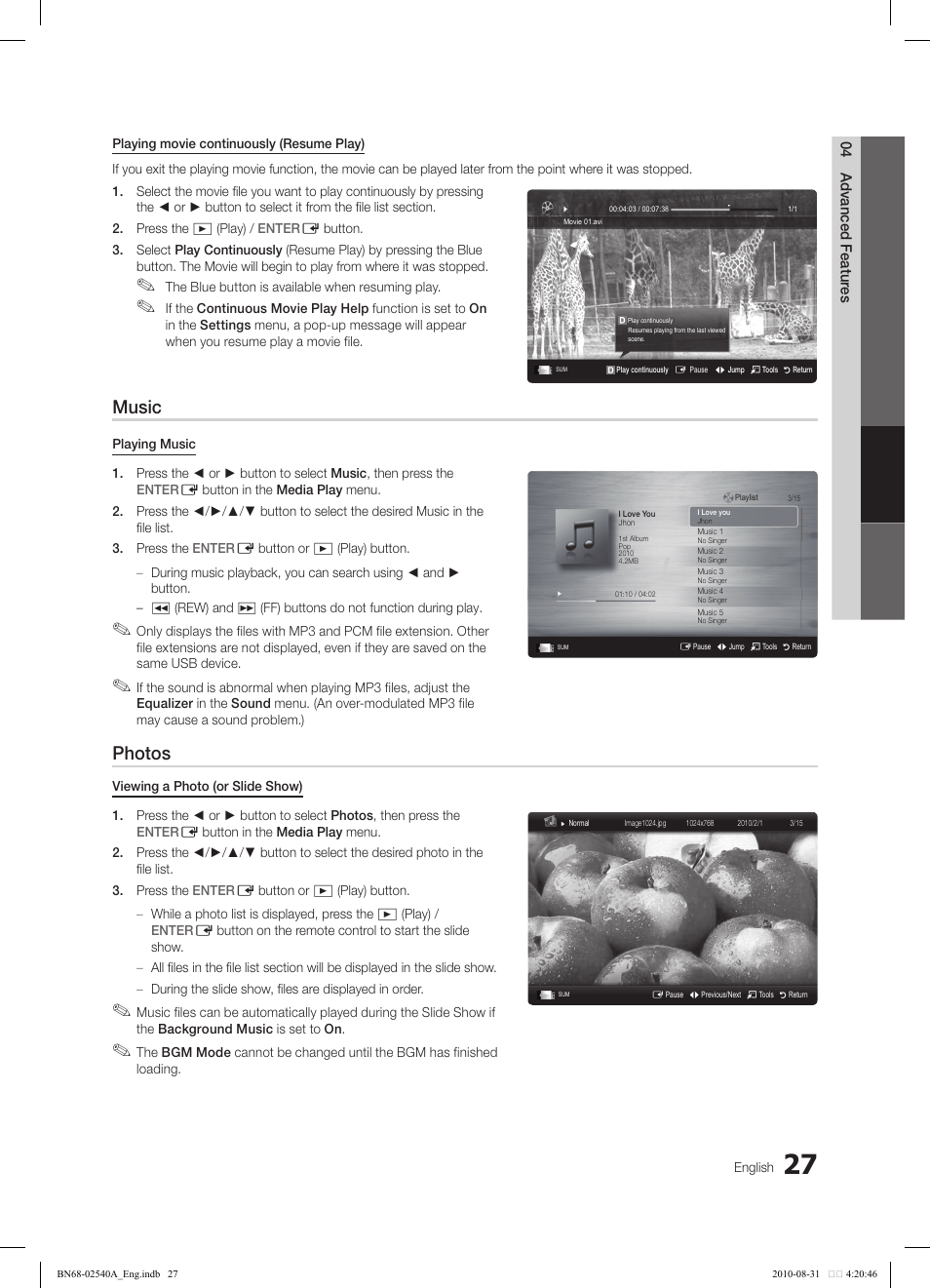 Music, Photos | Samsung 540 User Manual | Page 27 / 41