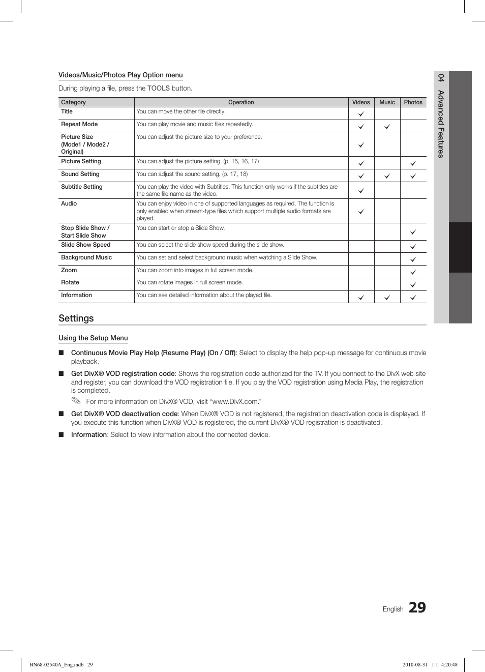 Settings | Samsung 540 User Manual | Page 29 / 41