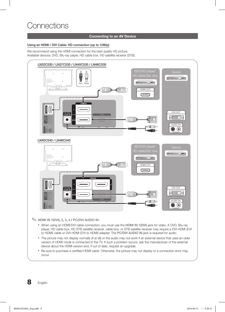 Connections, Connecting to an av device | Samsung 540 User Manual | Page 8 / 41
