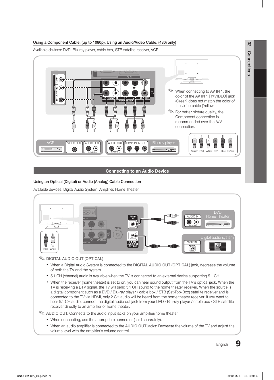 02 connections connecting to an audio device, English, When a digital audio system is connected to the | When an audio amplifier is connected to the, Digital audio system, Blu-ray player, When connecting to | Samsung 540 User Manual | Page 9 / 41