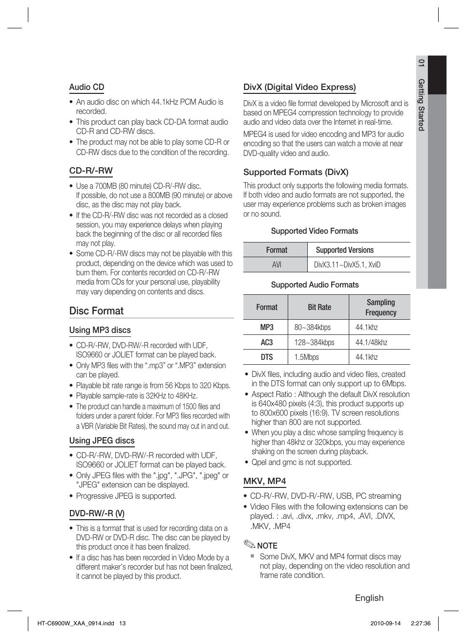 Disc format | Samsung 5.1CH BLU-RAY HT-C6900W User Manual | Page 13 / 73