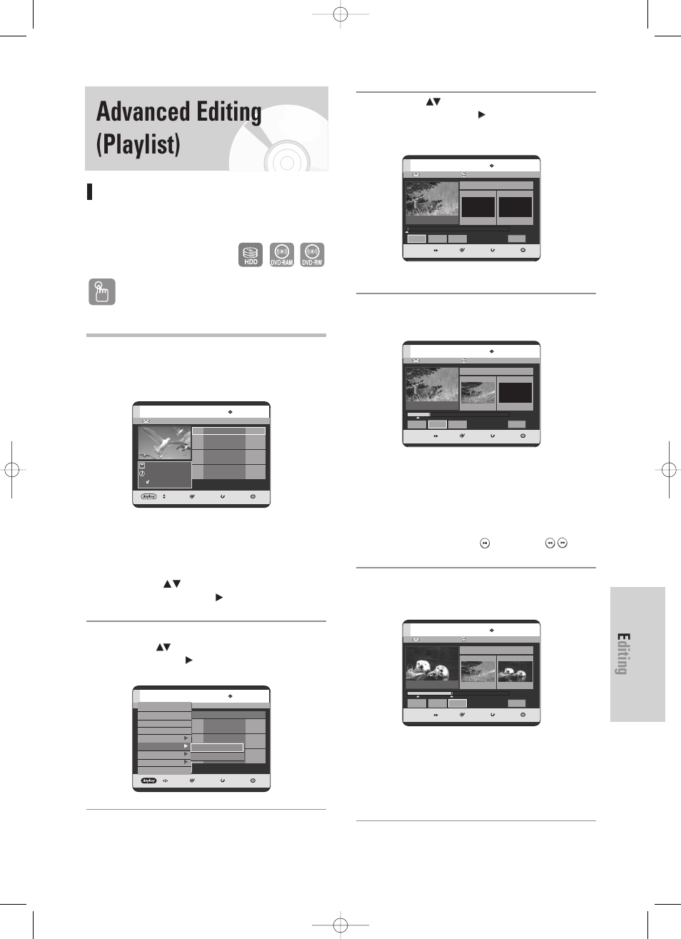 Advanced editing (playlist), Creating a playlist, Editing | English - 103, Using the title lis button, Using the menu button, Vr mode), Press the anykey button. press the, Buttons to select playlist , then press the ok or, Button | Samsung DVD-HR725 User Manual | Page 103 / 135