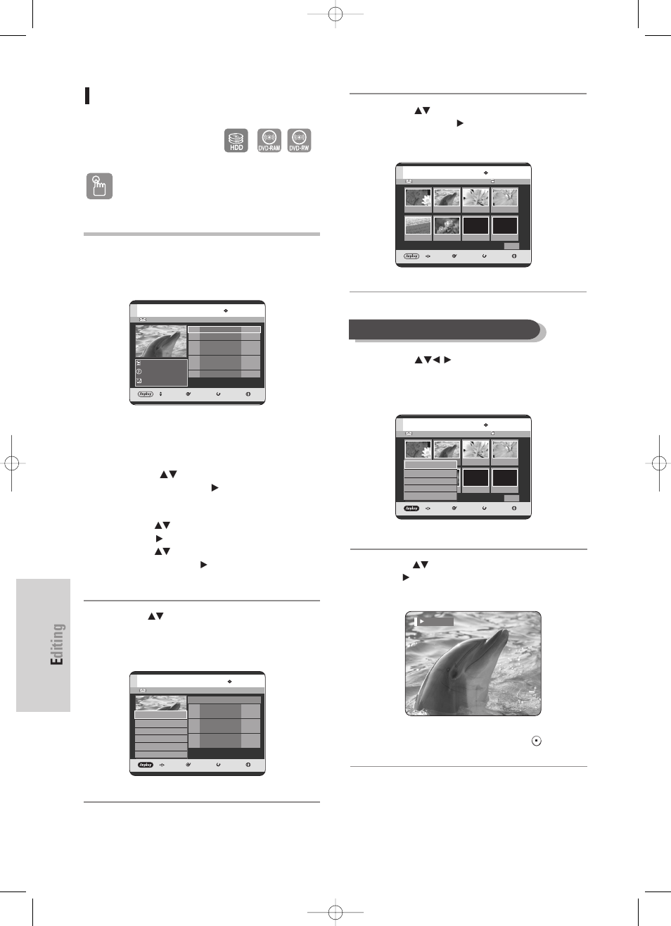 Editing a scene for the playlist, Editing, 106 - english | Using the play list button, Playing a selected scene, Using the menu button, Vr mode) | Samsung DVD-HR725 User Manual | Page 106 / 135
