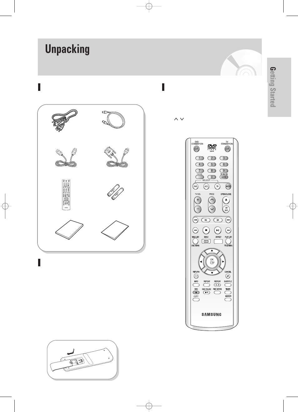 Unpacking, Getting started, English - 13 | Accessories, Preparing the remote control, Setting the remote control | Samsung DVD-HR725 User Manual | Page 13 / 135