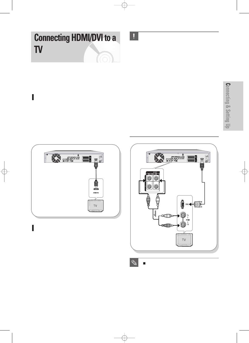 Connecting hdmi/dvi to a tv, Case 1 : connecting to a tv with hdmi jack, Case 2 : connecting to a tv with dvi jack | Connecting & setting up, English - 23 | Samsung DVD-HR725 User Manual | Page 23 / 135