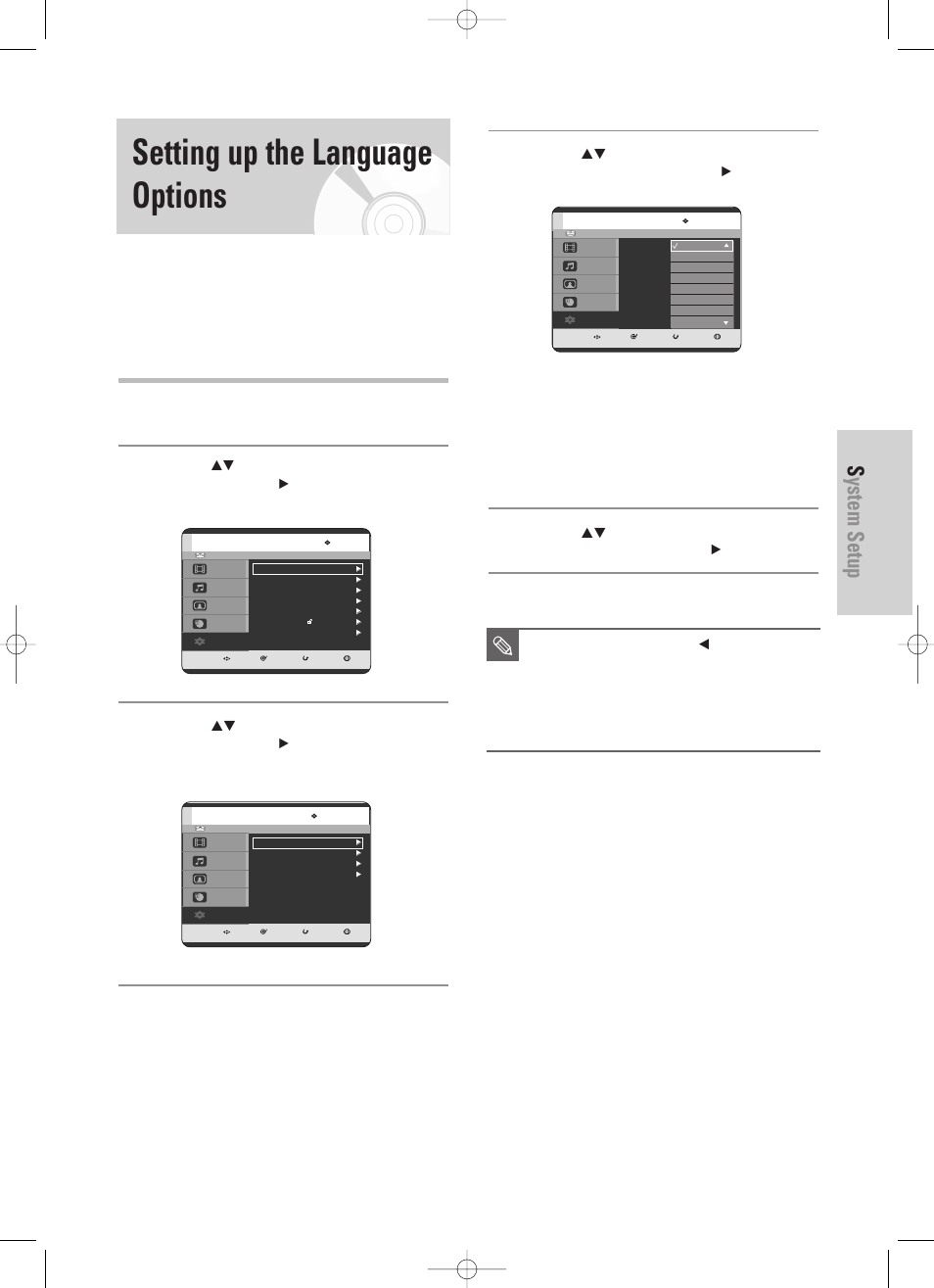 Setting up the language options, System setup, English - 31 | With the unit in stop mode, press the menu button | Samsung DVD-HR725 User Manual | Page 31 / 135
