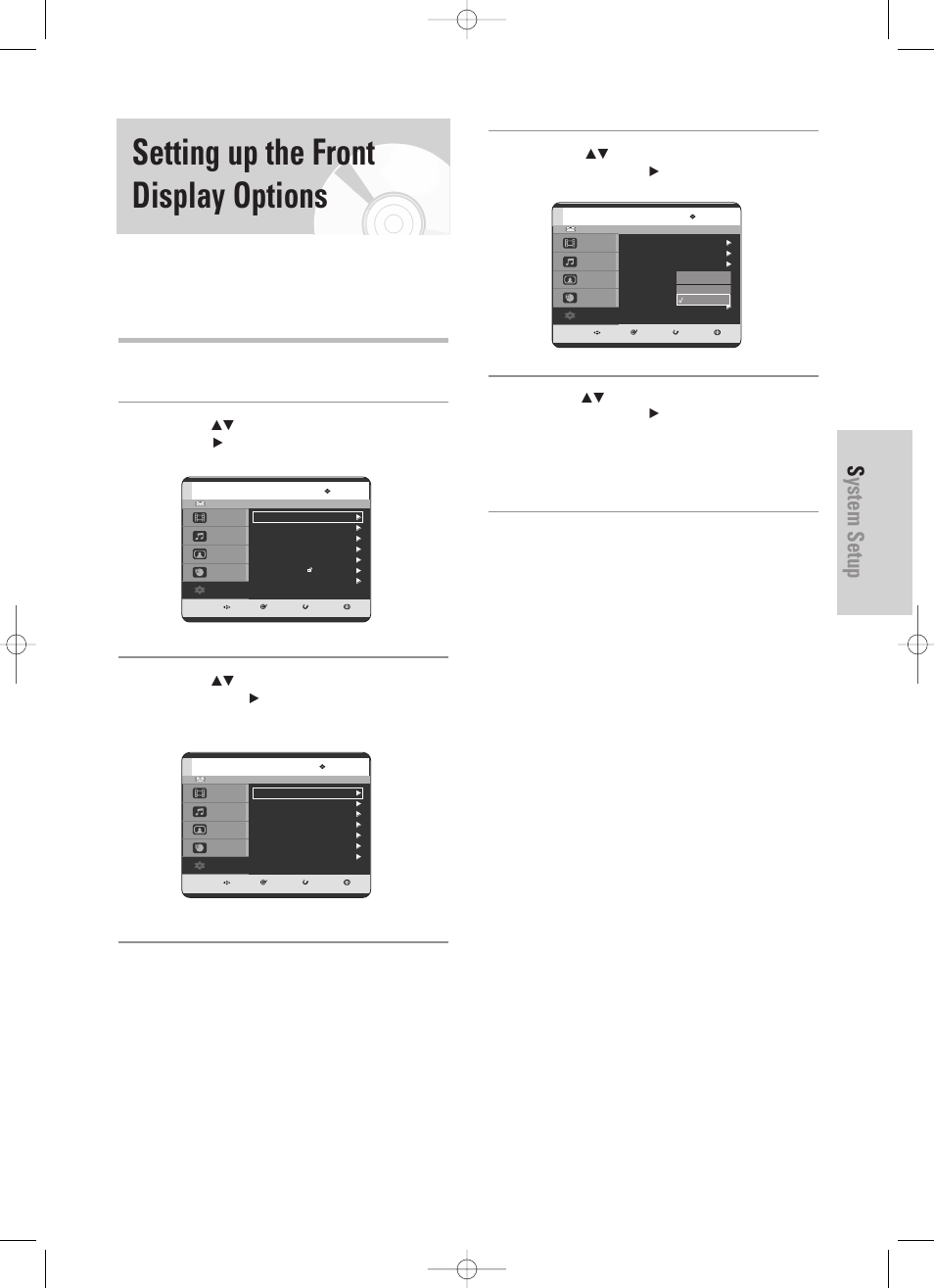 Setting up the front display options, System setup, English - 35 | With the unit in stop mode, press the menu button | Samsung DVD-HR725 User Manual | Page 35 / 135