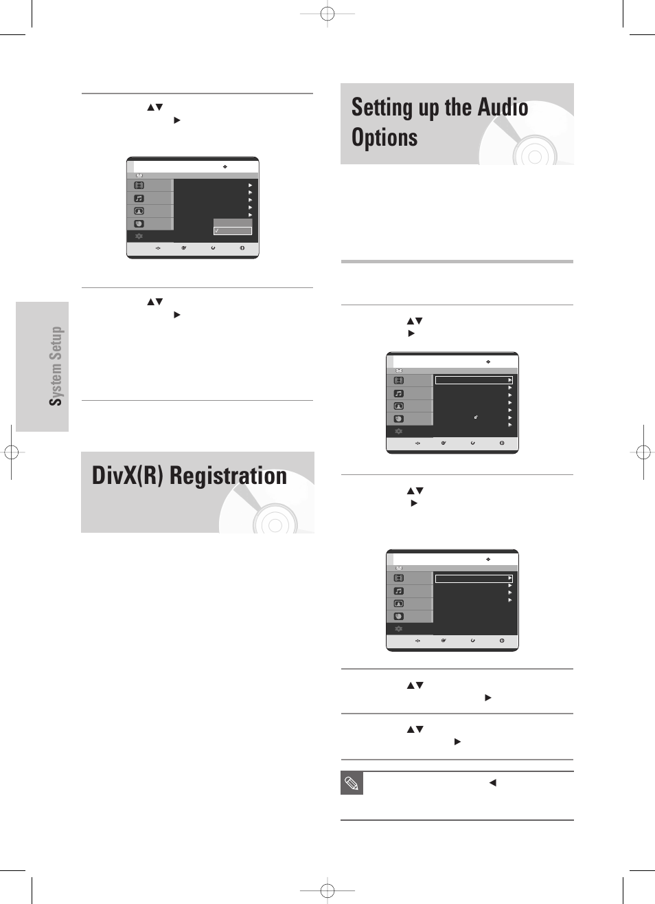 Divx(r) registration, Setting up the audio options, System setup | 38 - english | Samsung DVD-HR725 User Manual | Page 38 / 135