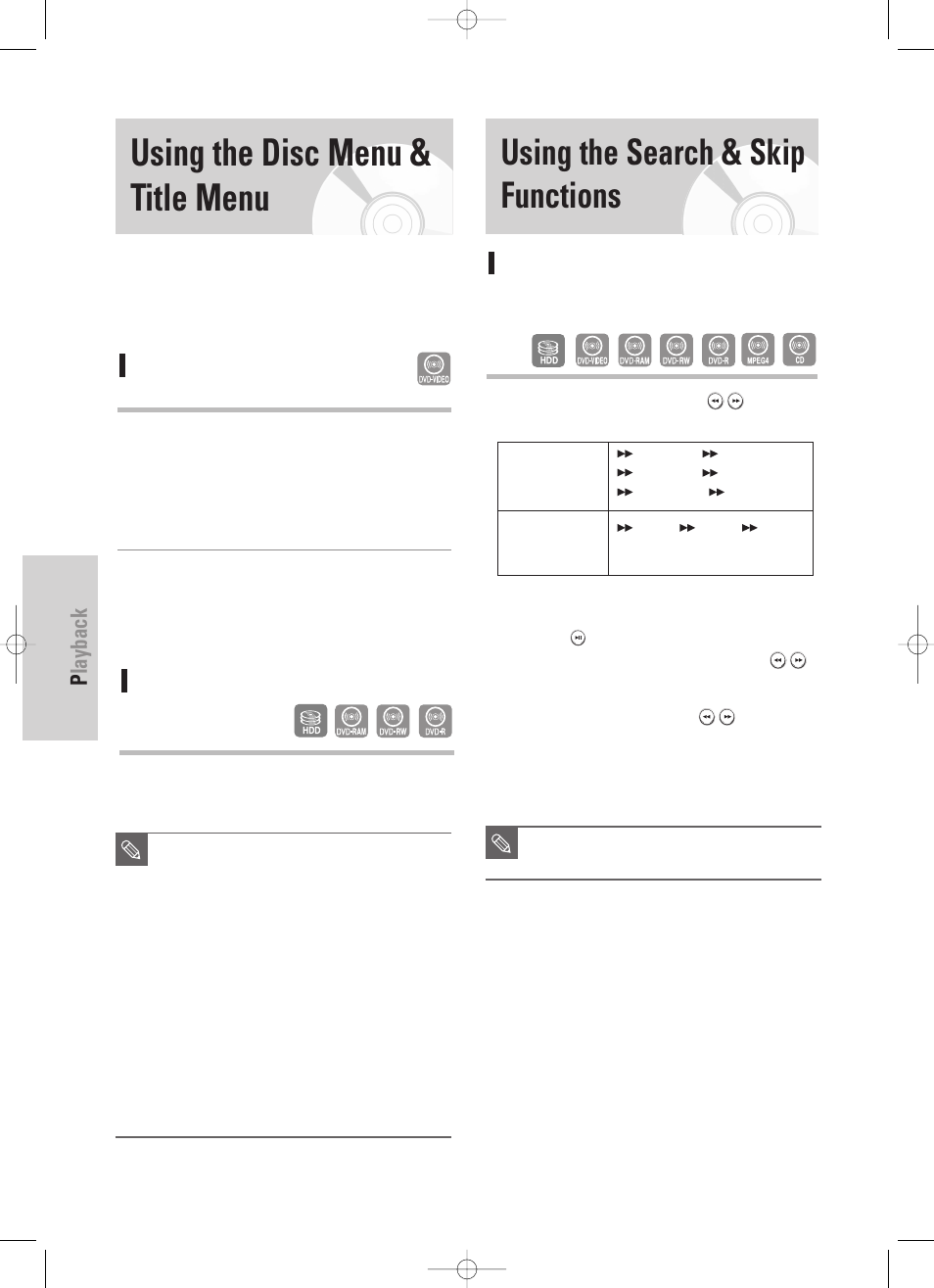 Using the disc menu & title menu, Using the search & skip functions, Playback | Samsung DVD-HR725 User Manual | Page 48 / 135