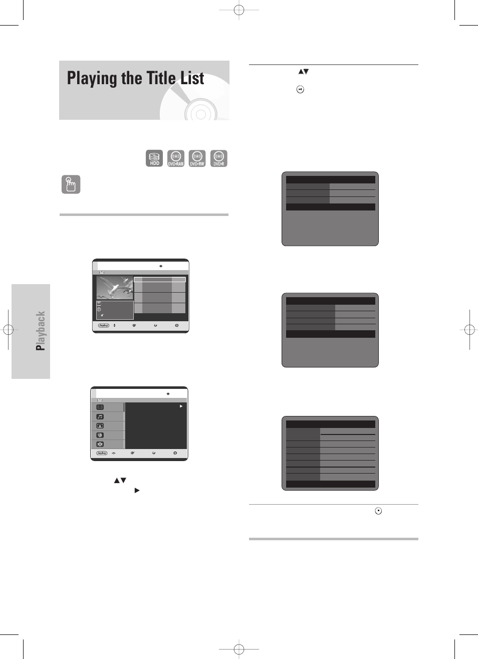 Playing the title list, Playback, 52 - english | Using the title list button, About info button | Samsung DVD-HR725 User Manual | Page 52 / 135