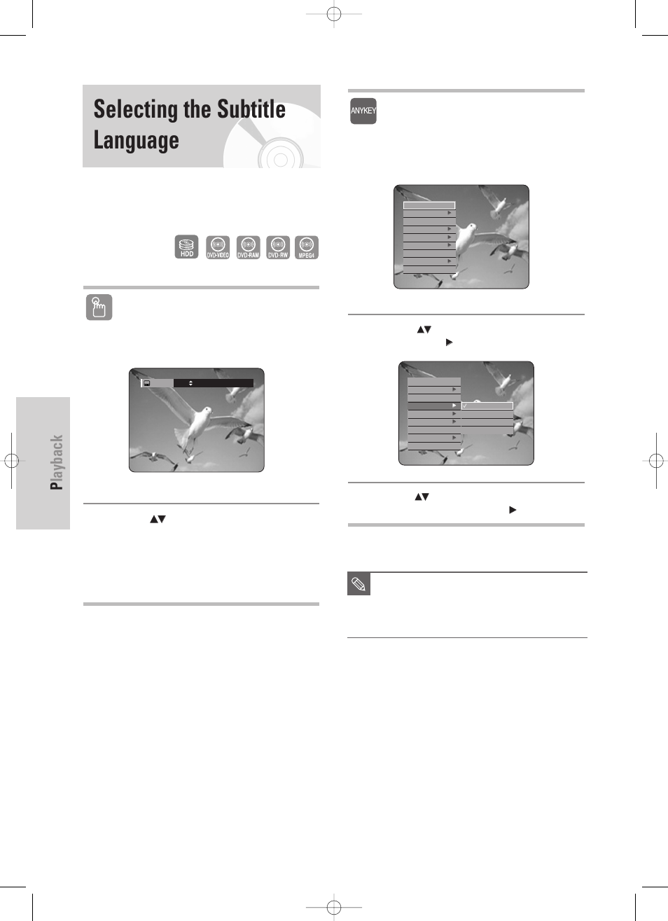 Selecting the subtitle language, Playback, 60 - english | Using the subtitle button, Using the anykey button | Samsung DVD-HR725 User Manual | Page 60 / 135