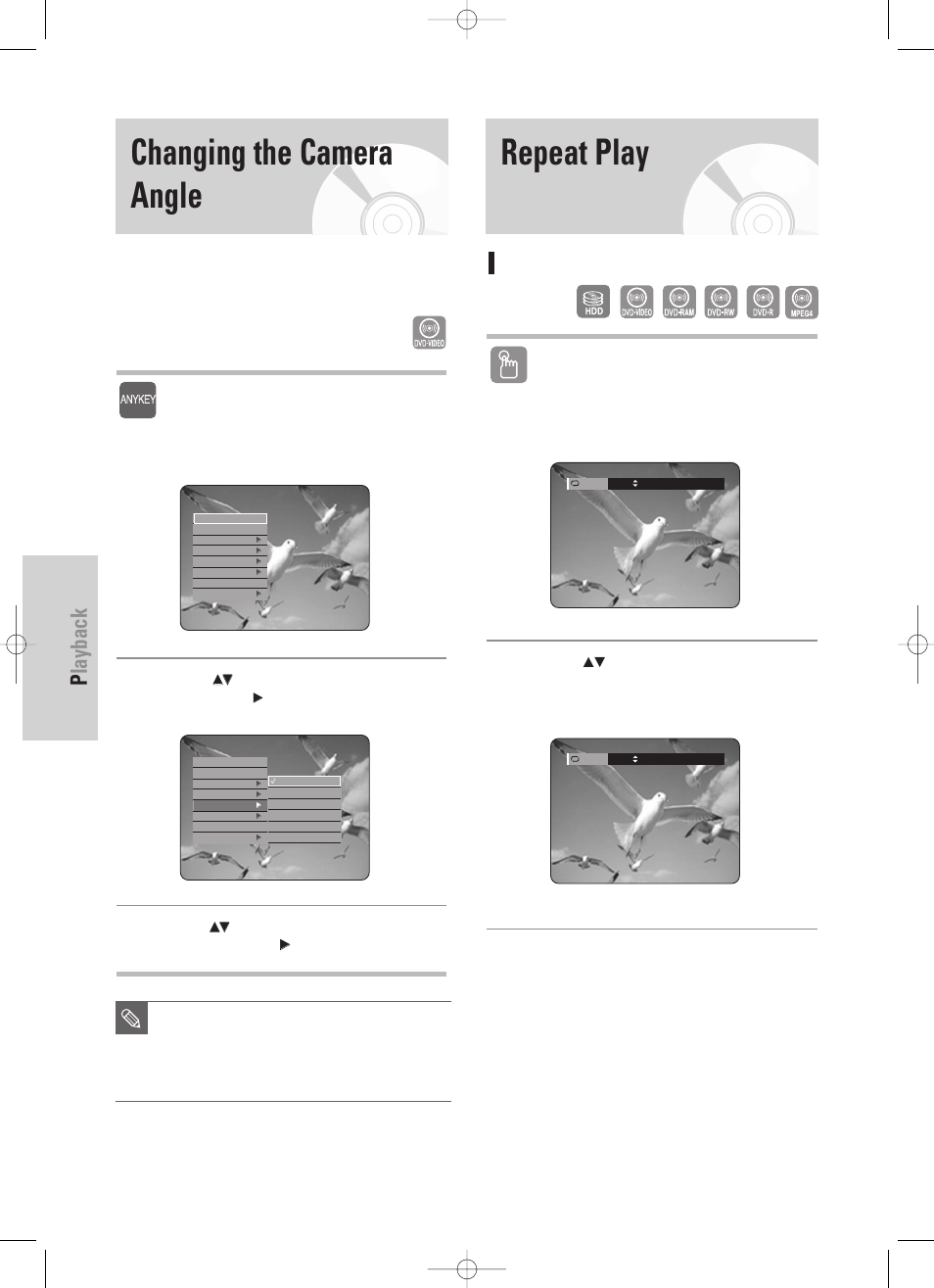 Changing the camera angle, Repeat play, Playback | 62 - english, Playing repeatedly(repeat playback), Using the anykey button, Using the repeat button | Samsung DVD-HR725 User Manual | Page 62 / 135