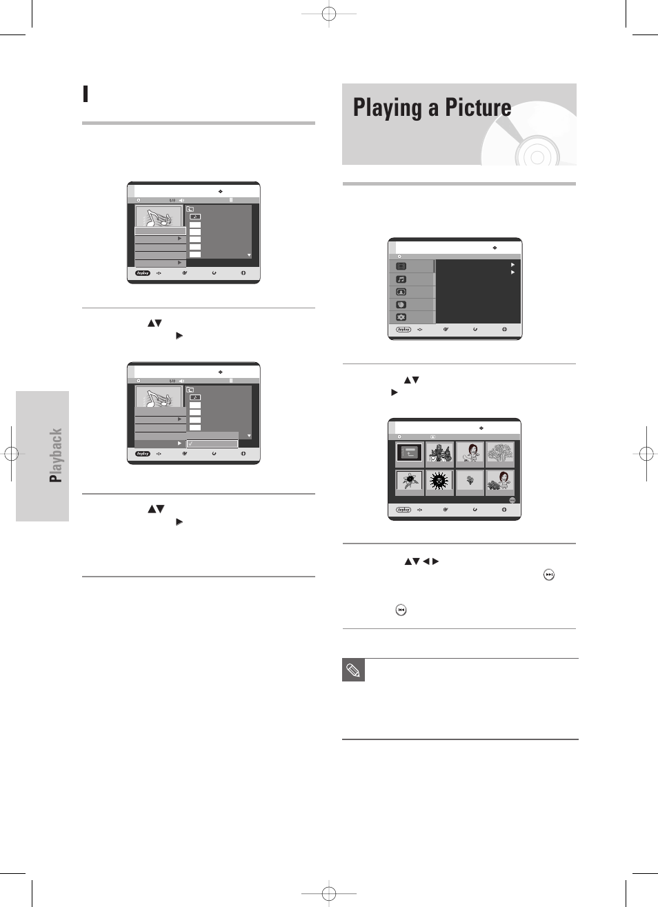 Playing a picture, Playback, 72 - english | Select media (mp3), Press the anykey button, Press the, Button | Samsung DVD-HR725 User Manual | Page 72 / 135