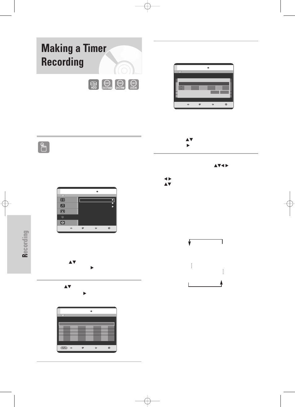 Making a timer recording, Recording, 86 - english | Using the timer button, Using the menu button, Using the anykey button | Samsung DVD-HR725 User Manual | Page 86 / 135