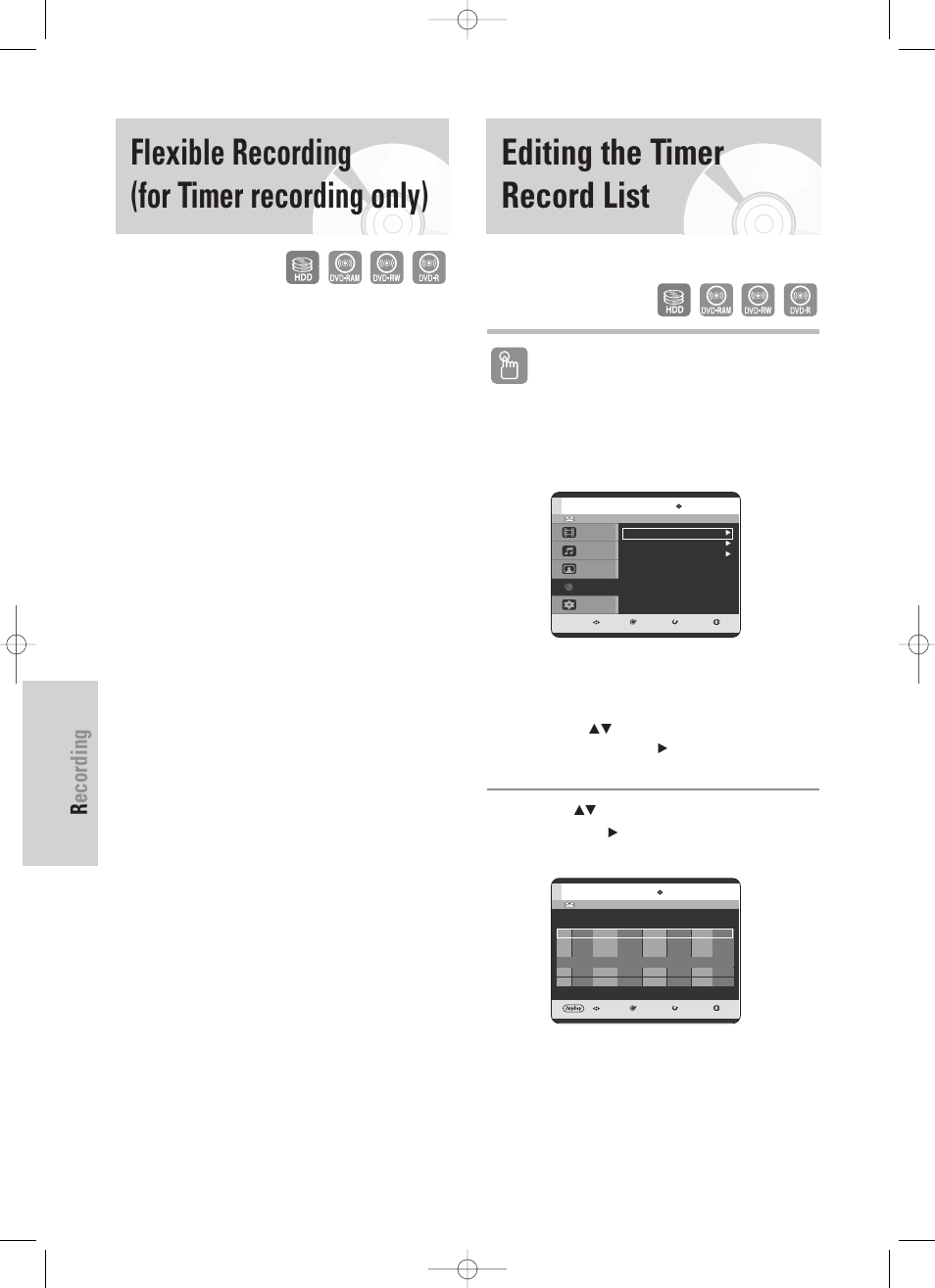 Flexible recording (for timer recording only), Editing the timer record list, Recording | 88 - english, Using the timer button, Using the menu button | Samsung DVD-HR725 User Manual | Page 88 / 135