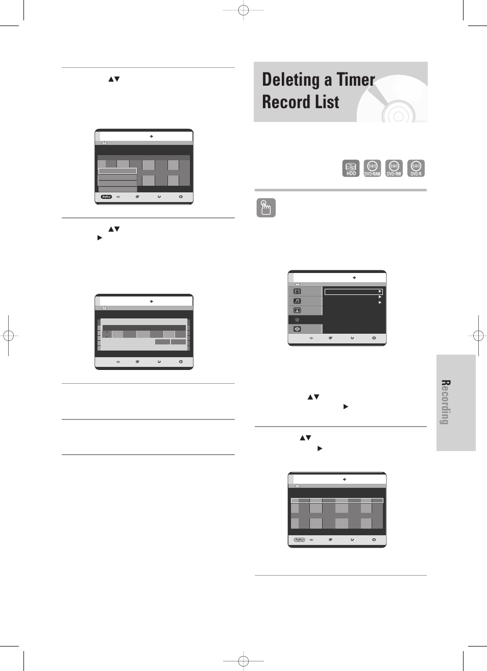 Deleting a timer record list, Recording, English - 89 | Using the timer button, Using the menu button | Samsung DVD-HR725 User Manual | Page 89 / 135