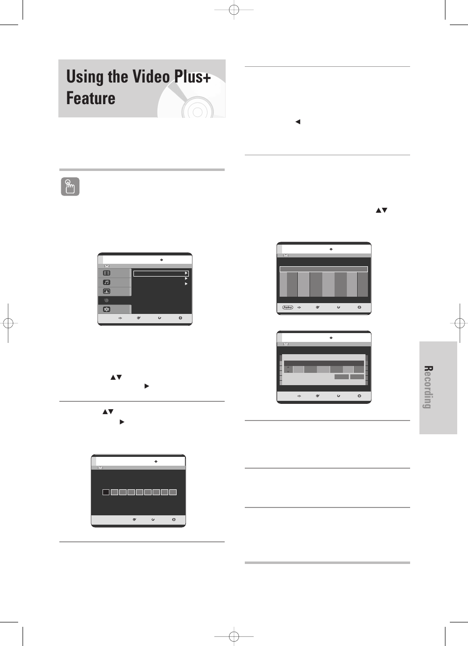 Using the video plus+feature, Using the video plus+ feature, Recording | English - 93, Using the timer button, Using the menu button | Samsung DVD-HR725 User Manual | Page 93 / 135