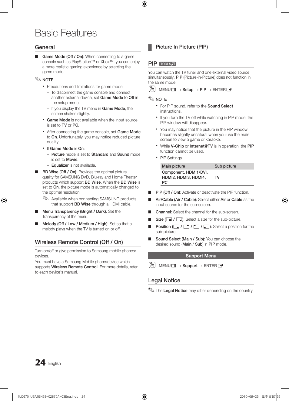 Support menu, Basic features, General | Wireless remote control (off / on), Legal notice | Samsung 670 User Manual | Page 24 / 60