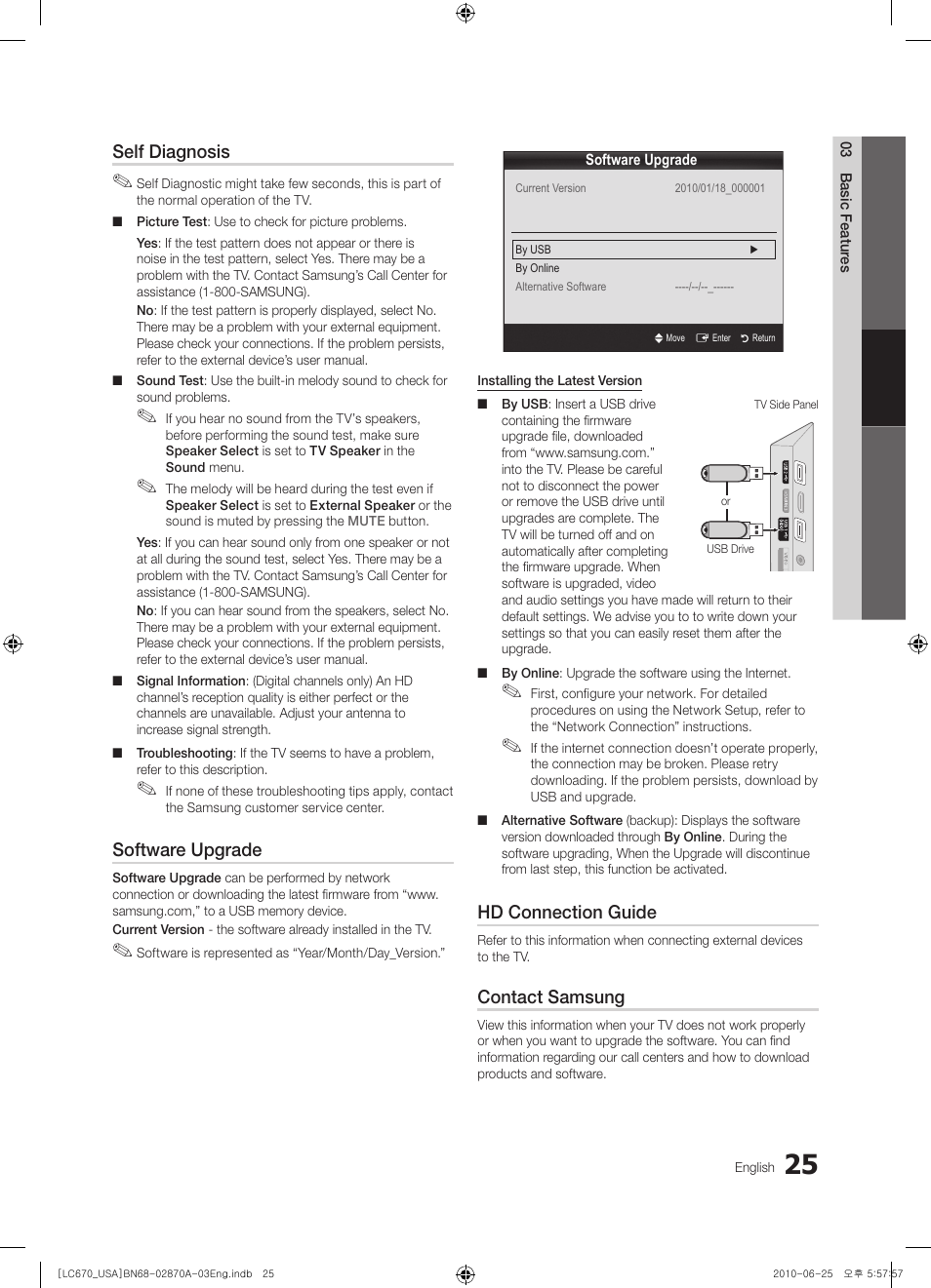 Self diagnosis, Software upgrade, Hd connection guide | Contact samsung | Samsung 670 User Manual | Page 25 / 60