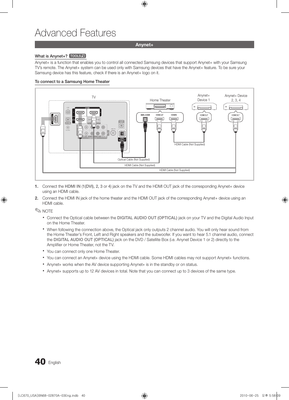Anynet, Advanced features | Samsung 670 User Manual | Page 40 / 60