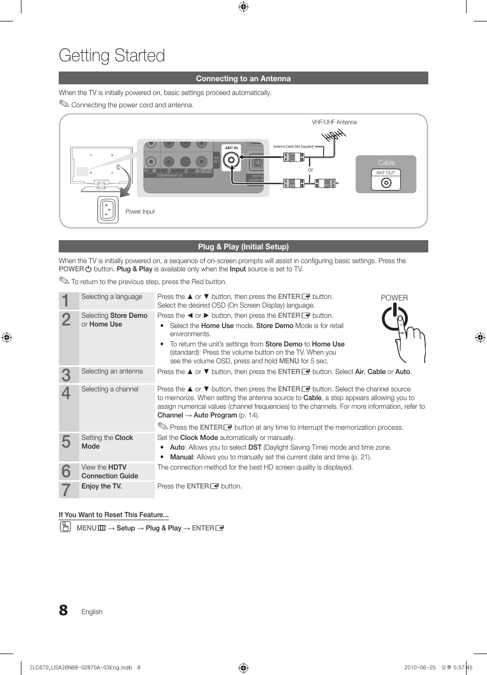 Connecting to an antenna, Plug & play (initial setup), Getting started | Info guide | Samsung 670 User Manual | Page 8 / 60