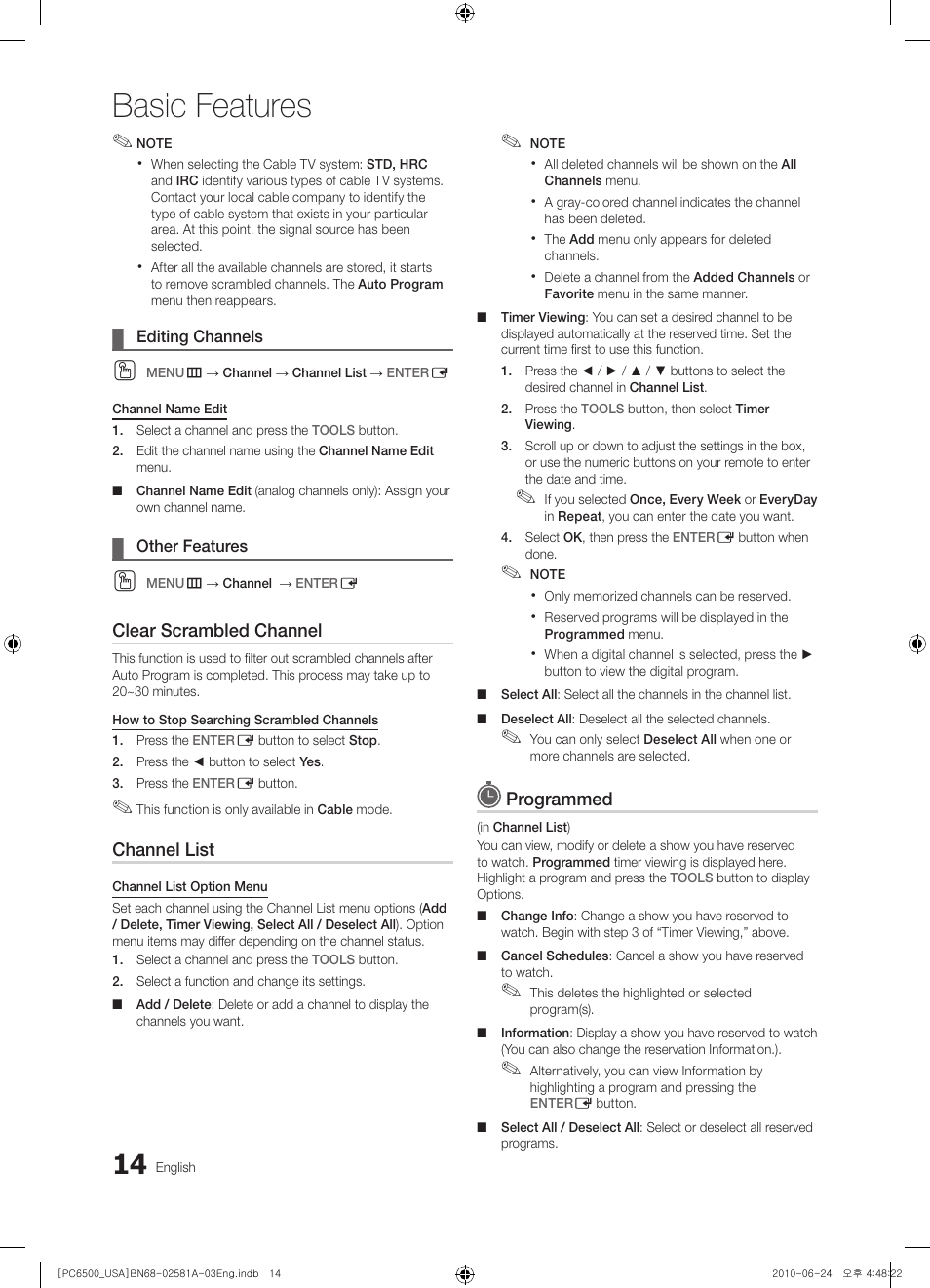 Basic features, Clear scrambled channel, Channel list | Programmed | Samsung 6500 User Manual | Page 14 / 60