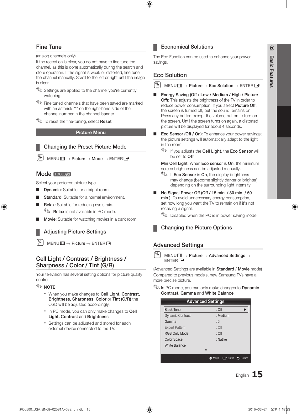 Picture menu | Samsung 6500 User Manual | Page 15 / 60
