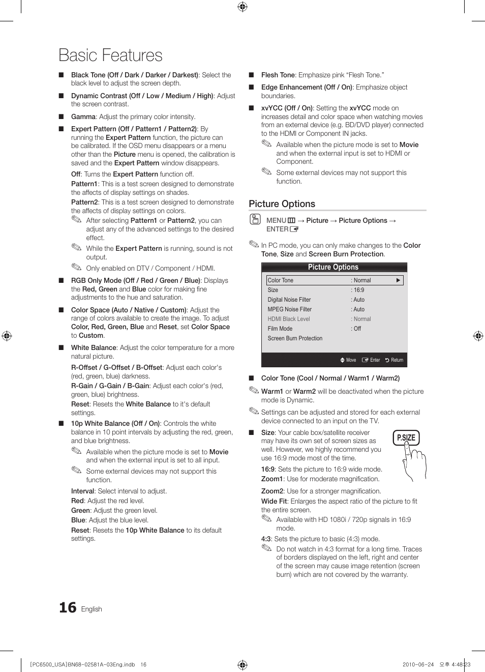 Basic features, Picture options | Samsung 6500 User Manual | Page 16 / 60
