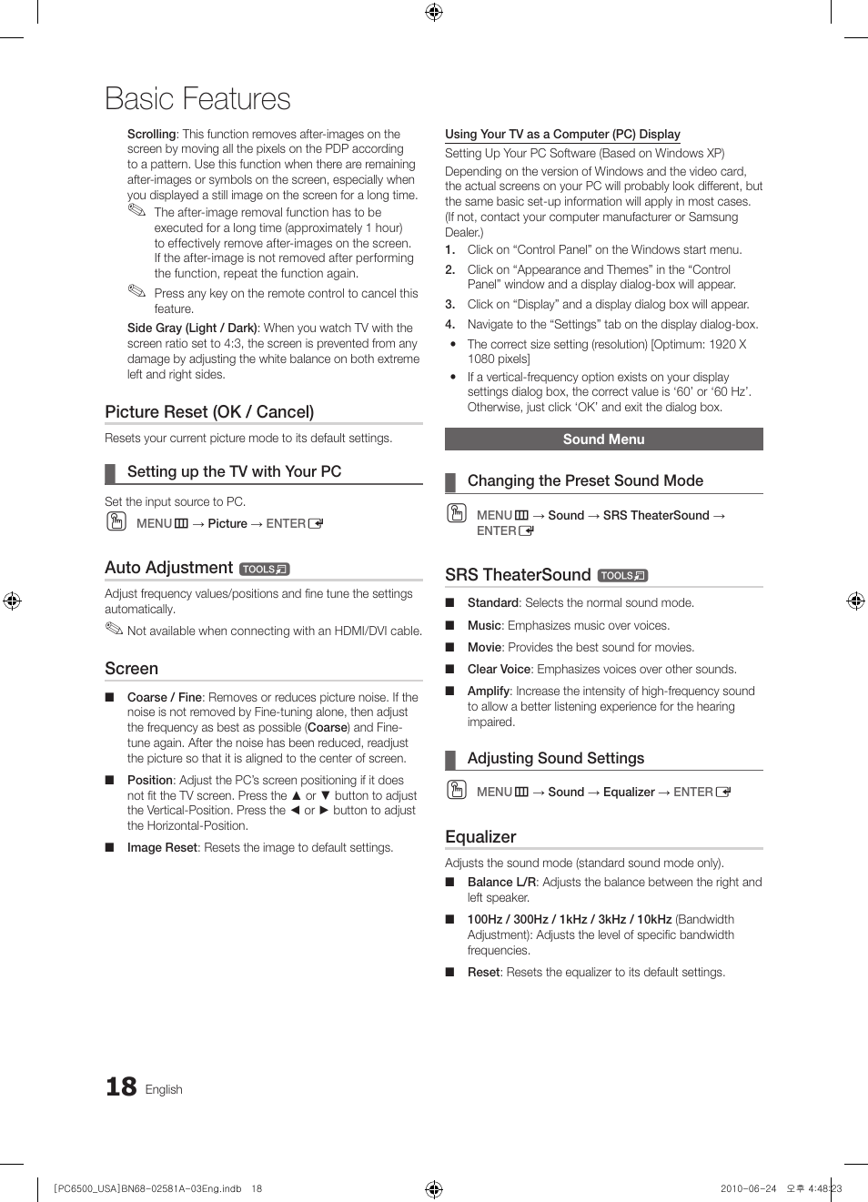 Sound menu, Basic features, Picture reset (ok / cancel) | Auto adjustment, Screen, Srs theatersound, Equalizer | Samsung 6500 User Manual | Page 18 / 60