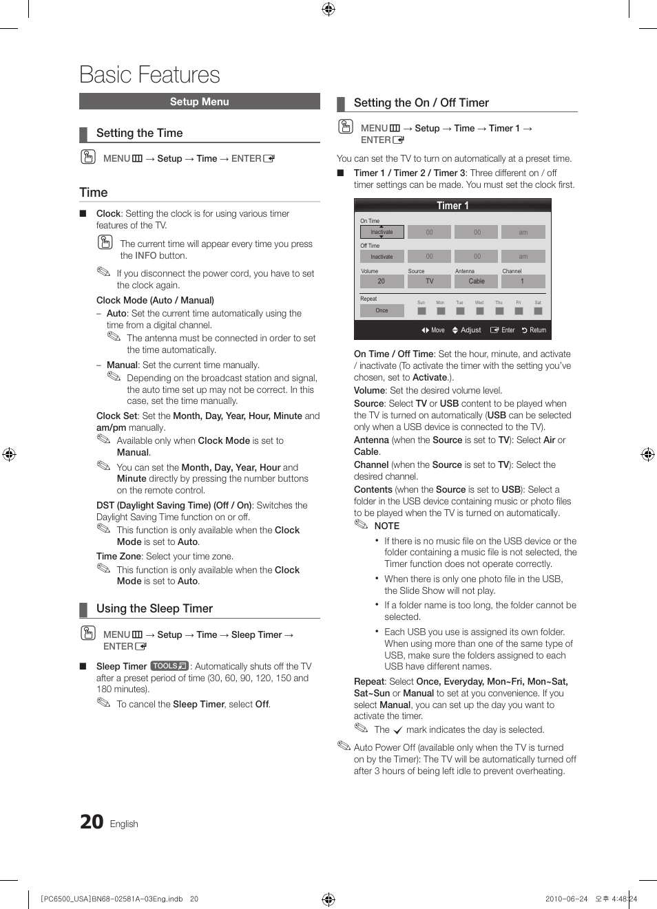 Setup menu, Basic features, Time | Samsung 6500 User Manual | Page 20 / 60