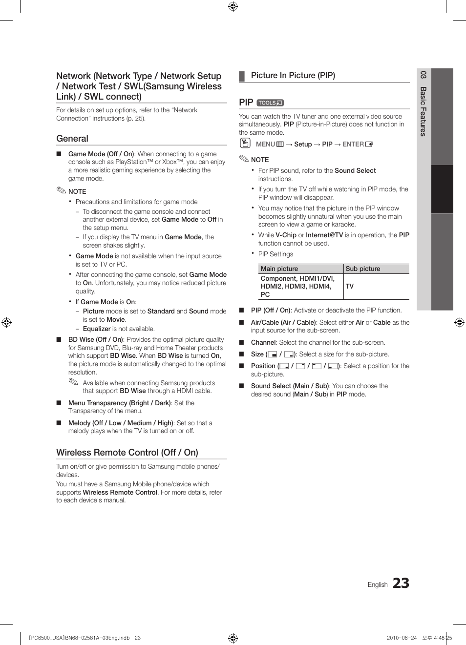 General, Wireless remote control (off / on) | Samsung 6500 User Manual | Page 23 / 60