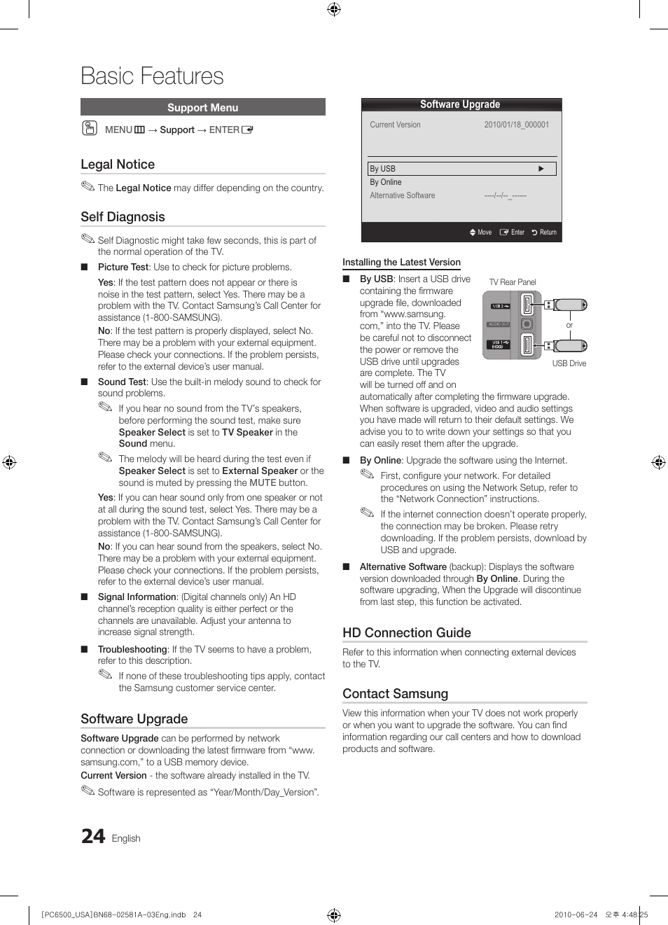 Support menu, Basic features | Samsung 6500 User Manual | Page 24 / 60
