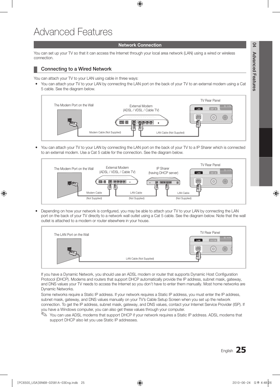 Advanced features, Network connection, Connecting to a wired network | Samsung 6500 User Manual | Page 25 / 60