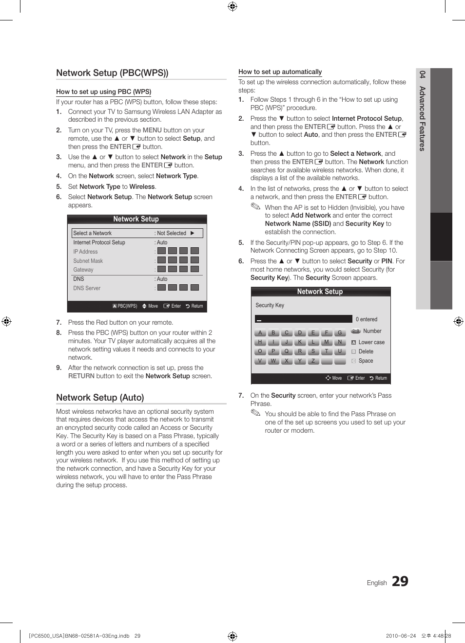 Network setup (pbc(wps)), Network setup (auto) | Samsung 6500 User Manual | Page 29 / 60