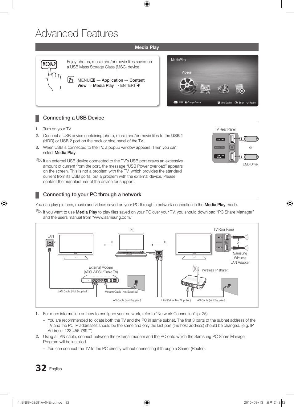 Media play, Advanced features | Samsung 6500 User Manual | Page 32 / 60