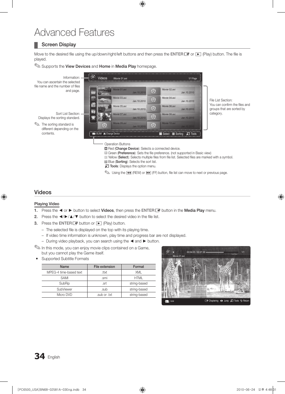 Advanced features, Videos, Screen display | Samsung 6500 User Manual | Page 34 / 60