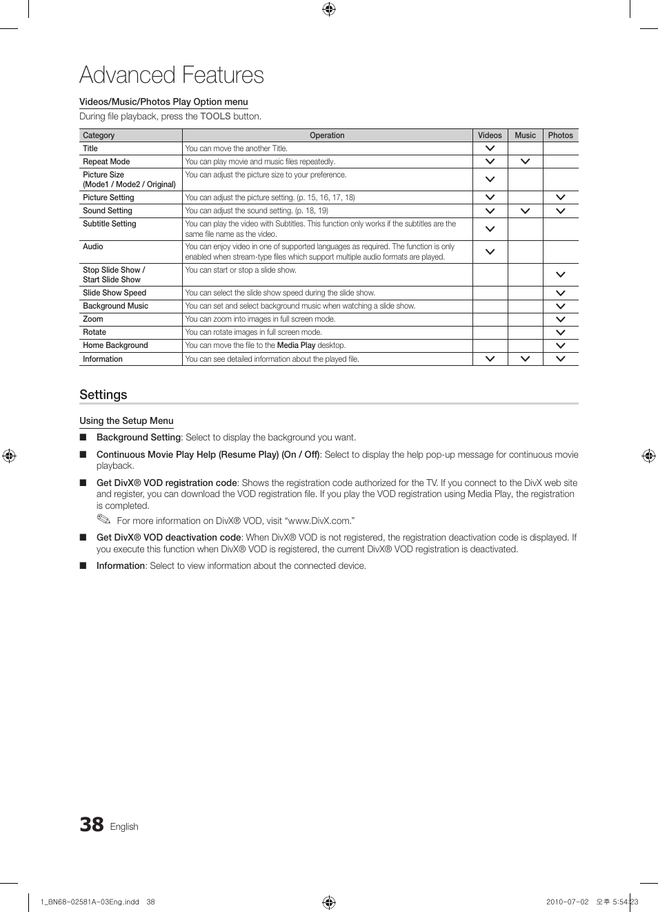 Advanced features, Settings | Samsung 6500 User Manual | Page 38 / 60