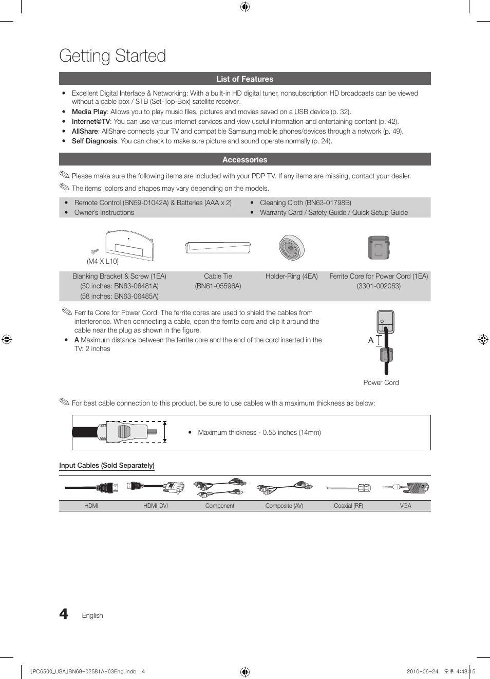 Getting started, List of features, Accessories | Samsung 6500 User Manual | Page 4 / 60