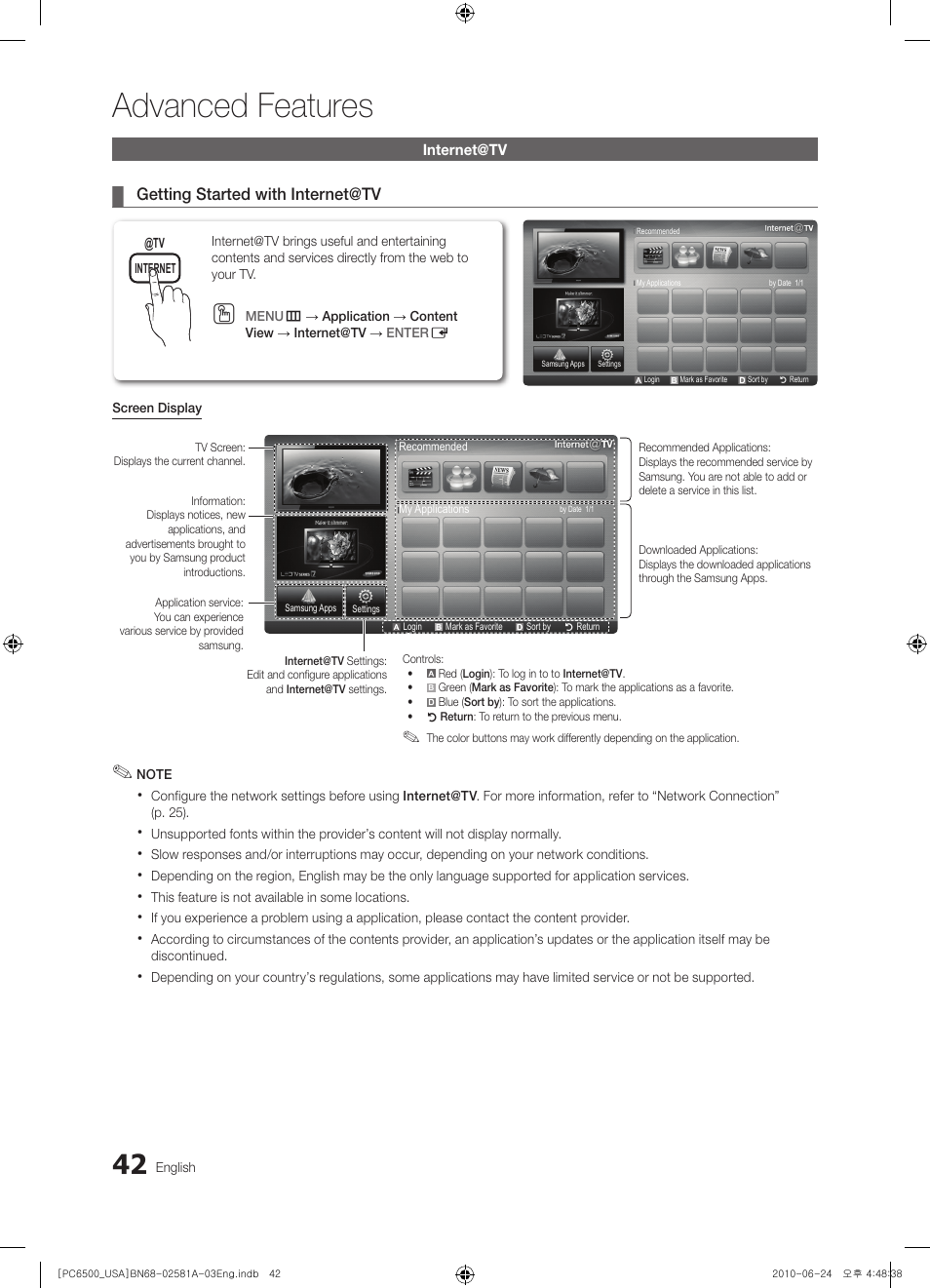 Internet@tv, Advanced features | Samsung 6500 User Manual | Page 42 / 60