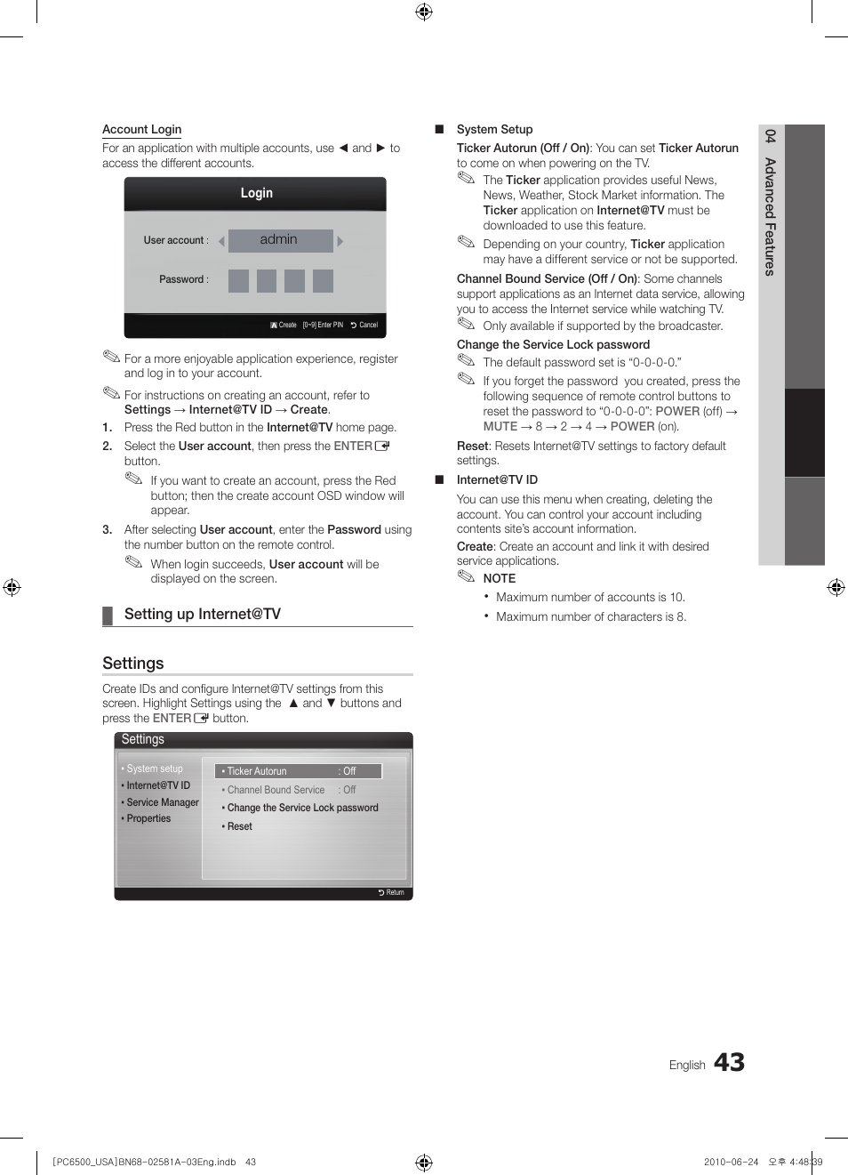 Settings | Samsung 6500 User Manual | Page 43 / 60