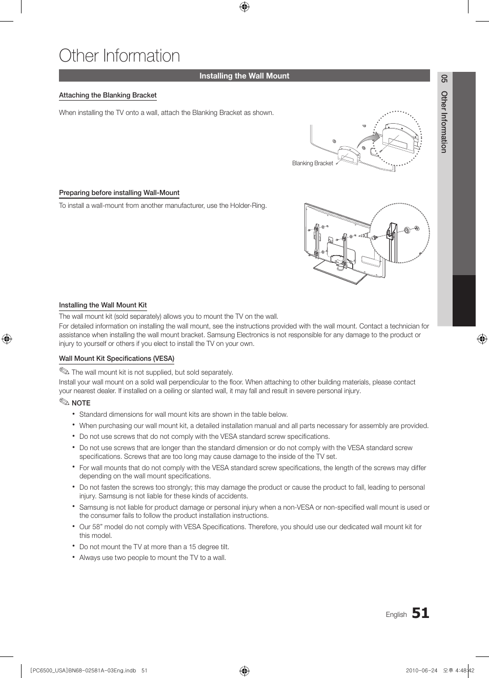 Other information, Installing the wall mount | Samsung 6500 User Manual | Page 51 / 60