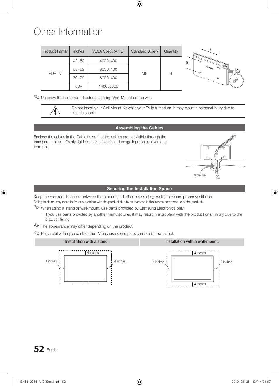Assembling the cables, Securing the installation space, Other information | Samsung 6500 User Manual | Page 52 / 60
