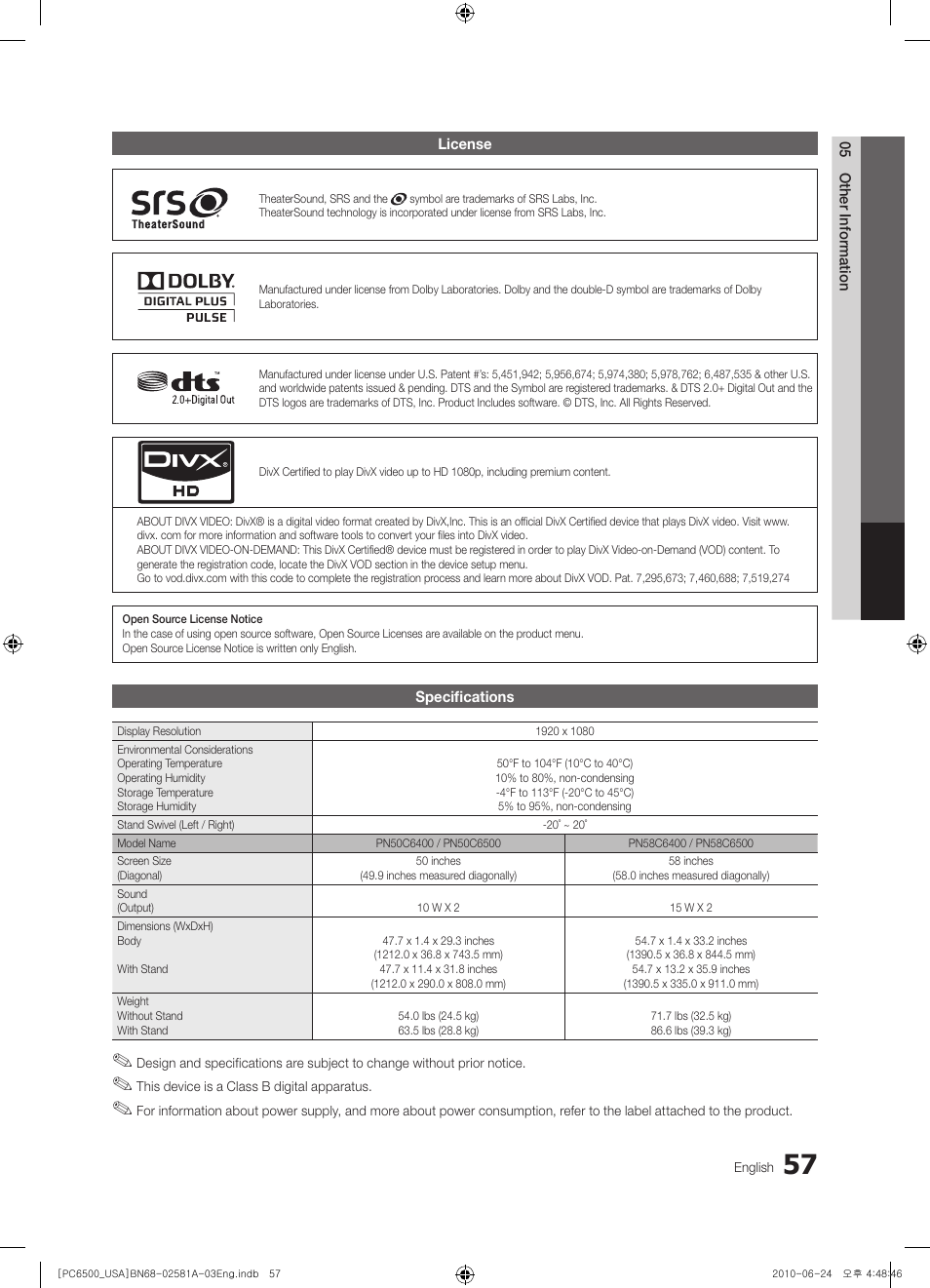License, Specifications | Samsung 6500 User Manual | Page 57 / 60
